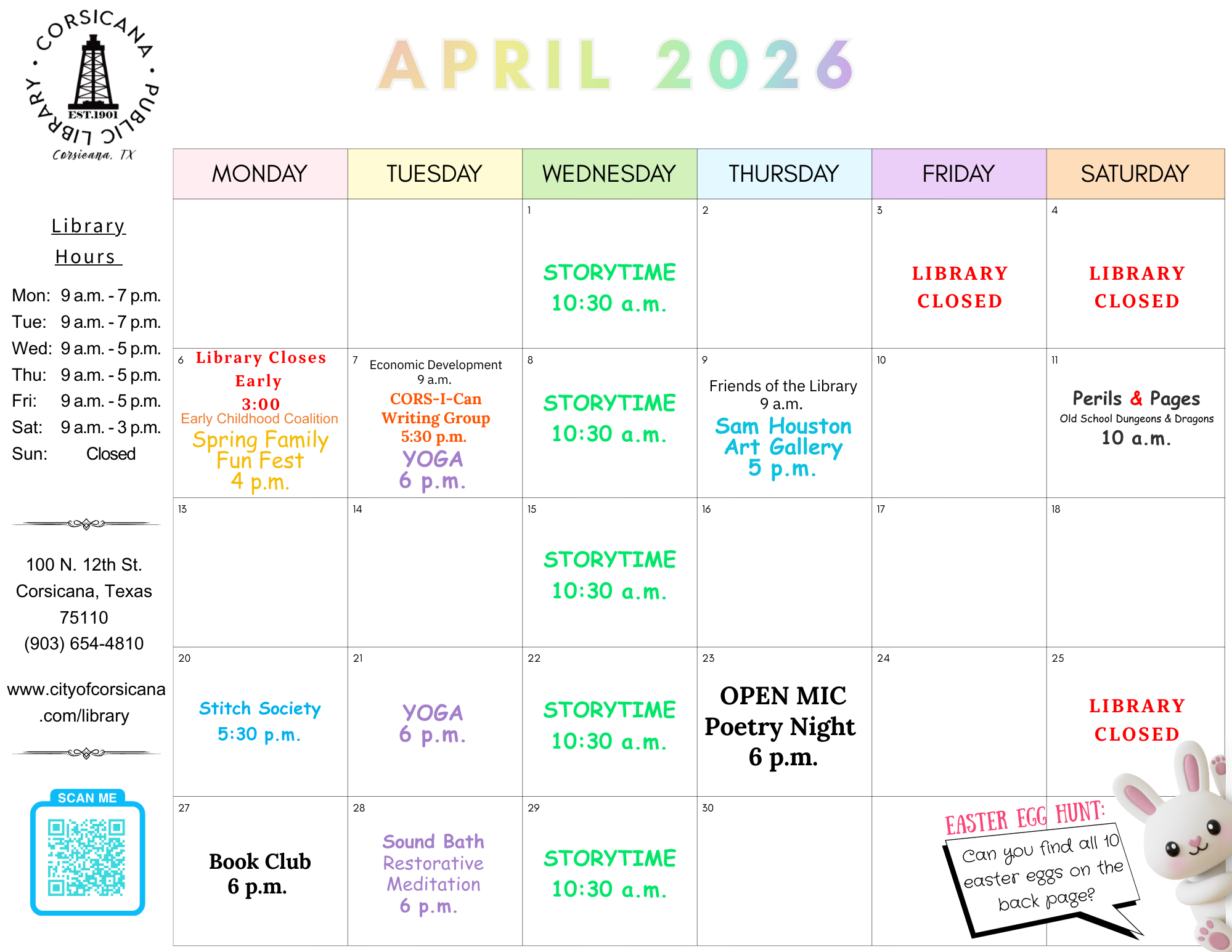 Corsicana Public Library April 2026 calendar front page with event dates and time