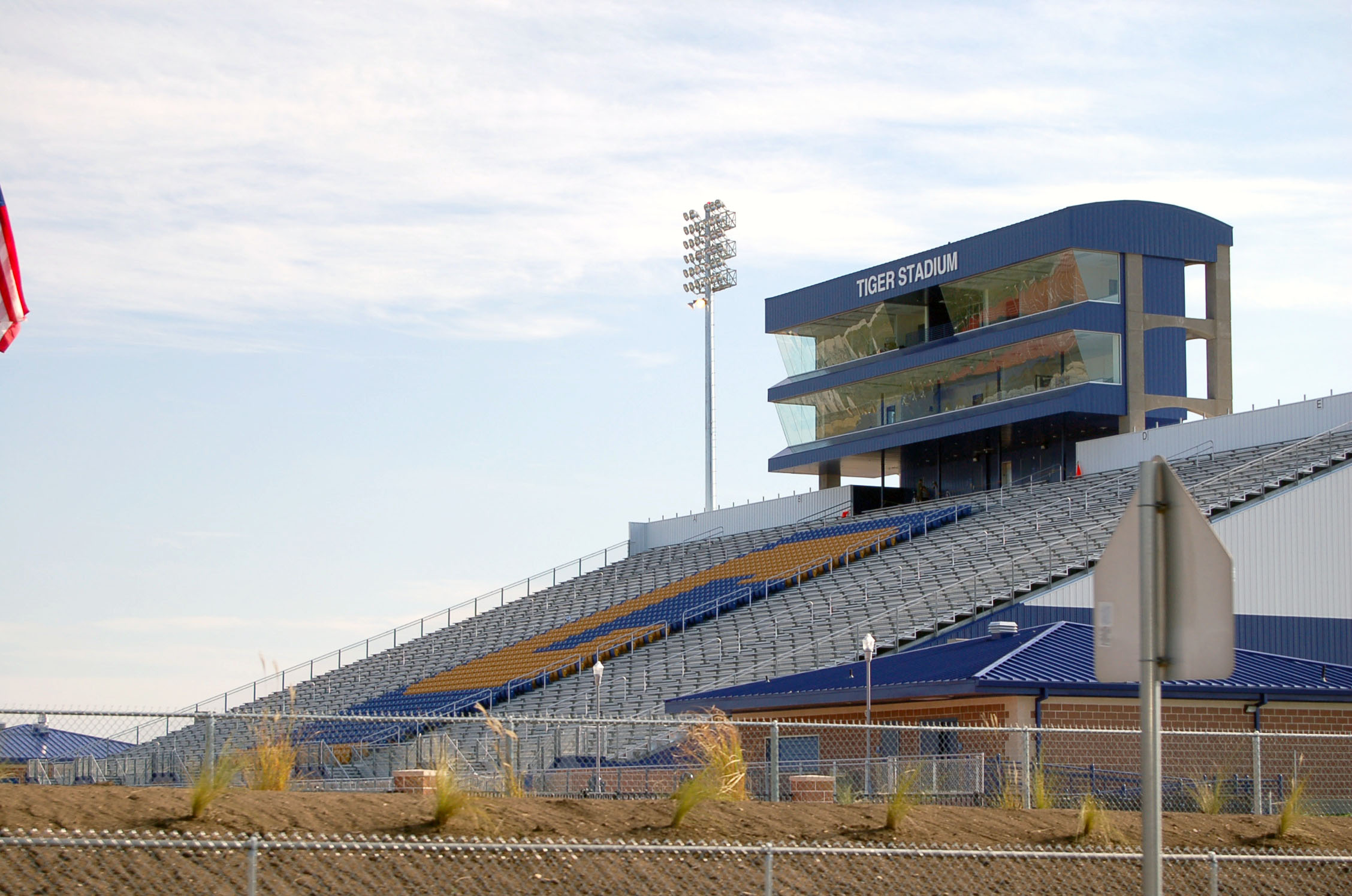 Close Up of Bleachers and Press Box at Tiger Field in Corsicana, TX